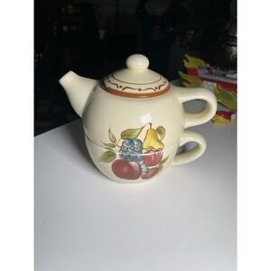 "HOME" AROUND THE ORCHARD STACKABLE CERAMIC TEAPOT & CUP   FOR ONE FRUIT